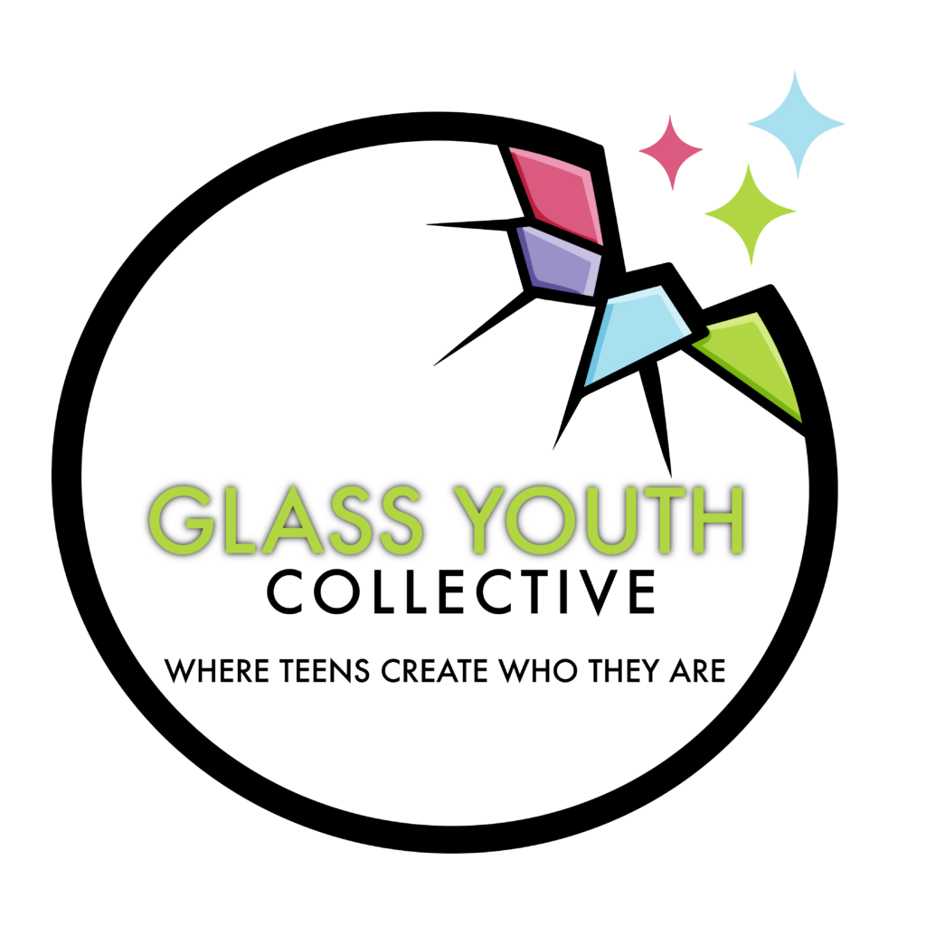 Image of a glass ball with a break in the top right corner and sparkles emerging, glass shards and sparkles are in pink, purple, green and blue